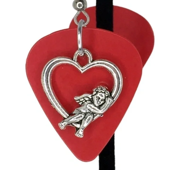 HAND Crafted Drop Earrings  Recycled Guitar Pick Cherub Sleeping in Heart New - Picture 4 of 8